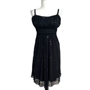 Y2K Black Sequin Beaded Babydoll Mini Dress S Sheer Mesh Whimsigoth Fairy Grunge